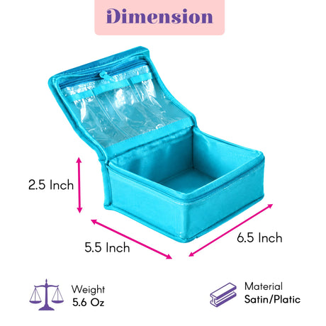 Turquoise satin and plastic floral print jewelry box with clear zippered top and four transparent lock pouches for travel