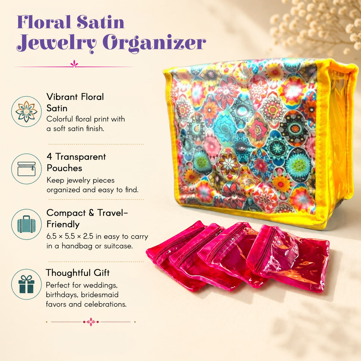 Vibrant floral print satin jewelry box with yellow trim and four matching pink transparent zip lock pouches for travel