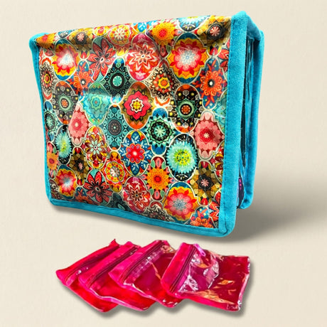 Vibrant floral-patterned satin makeup bag with turquoise plush trim and matching pink zippered pouches for jewelry storage
