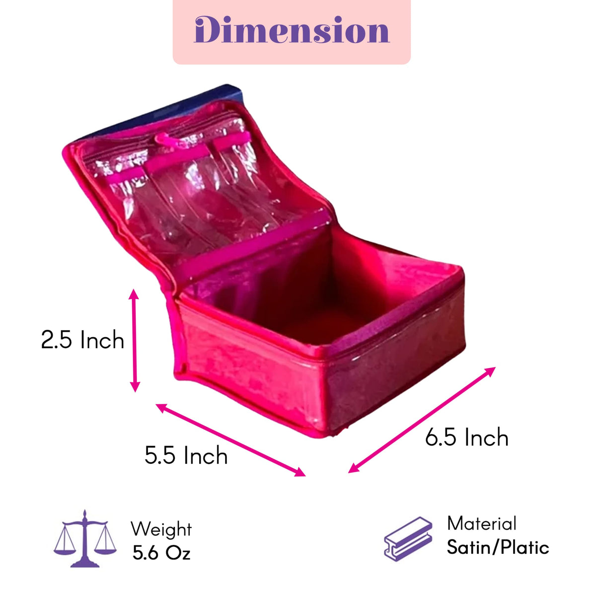 A vibrant pink satin and plastic floral print jewelry box with clear zippered compartments for travel organization