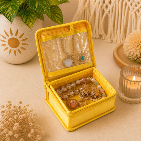 Bright yellow velvet jewelry box with clear plastic window lid and zipper closure for indian wedding storage organizer