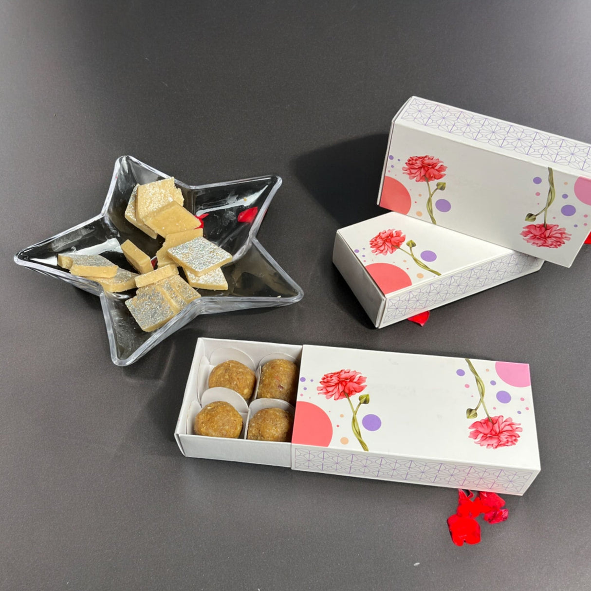 Sweet boxes for indian sweets peony flower design empty