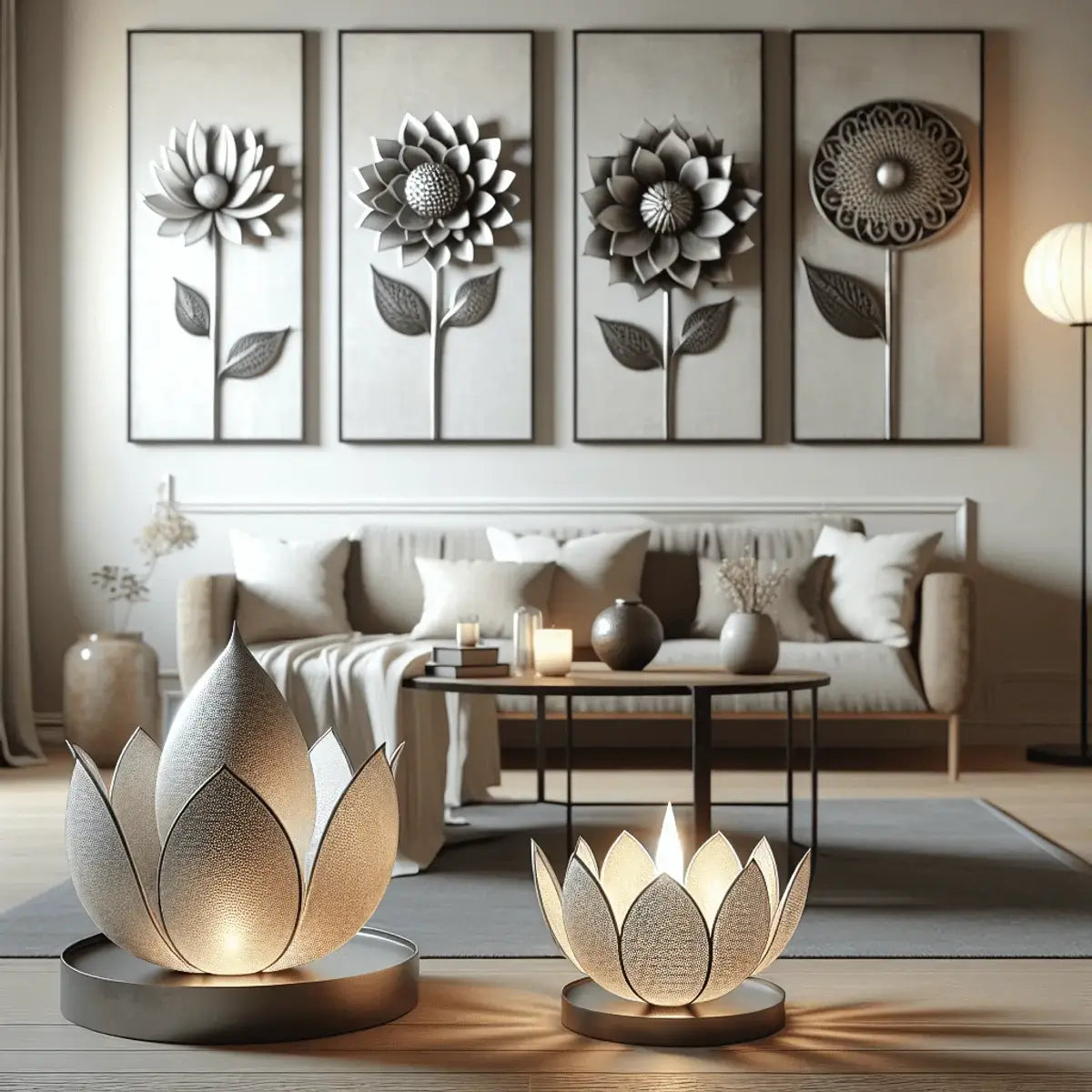 A serene living space featuring elegant home decor centered around the lotus flower theme. The room is adorned with stylized ceramic and stone lotus figurines, alongside metal lotus-shaped candle holders that emit soft, soothing light. Lotus-themed wall art, including glossy canvas prints and intricate metal engravings, enhances the atmosphere. The minimalist design emphasizes purity and beauty, showcasing natural materials and gentle lighting, creating a tranquil and inviting environment.