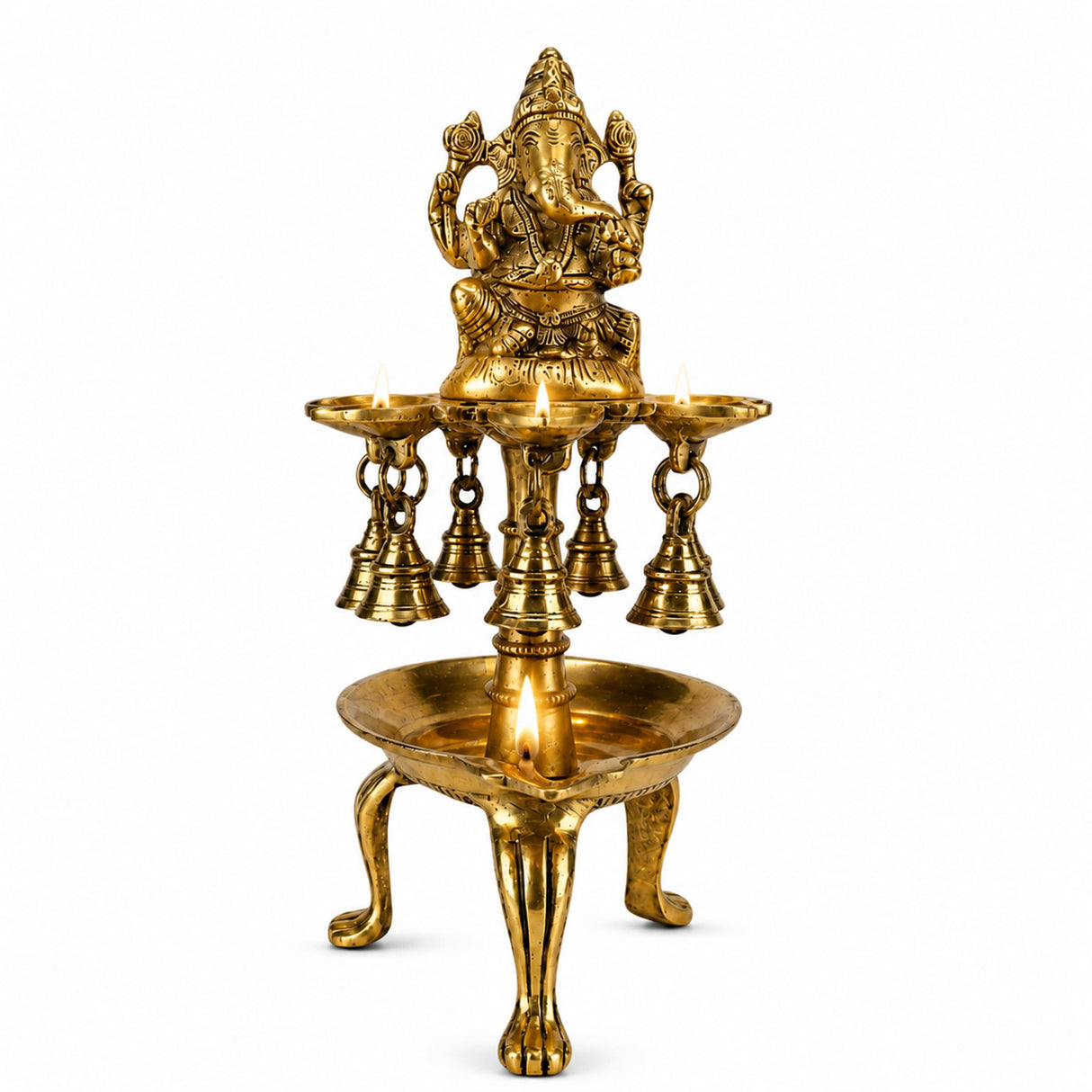 Golden brass ganesha oil lamp diya with intricate carvings and hanging bells for diwali and pooja decor