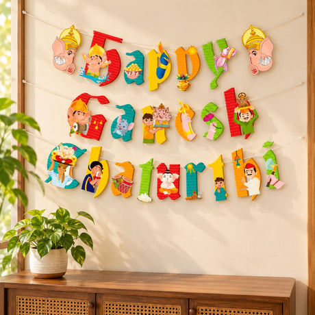 Colorful cartoon-themed happy ganesh chaturthi banner with vibrant letters and festive ganesha cutouts for indoor outdoor decor