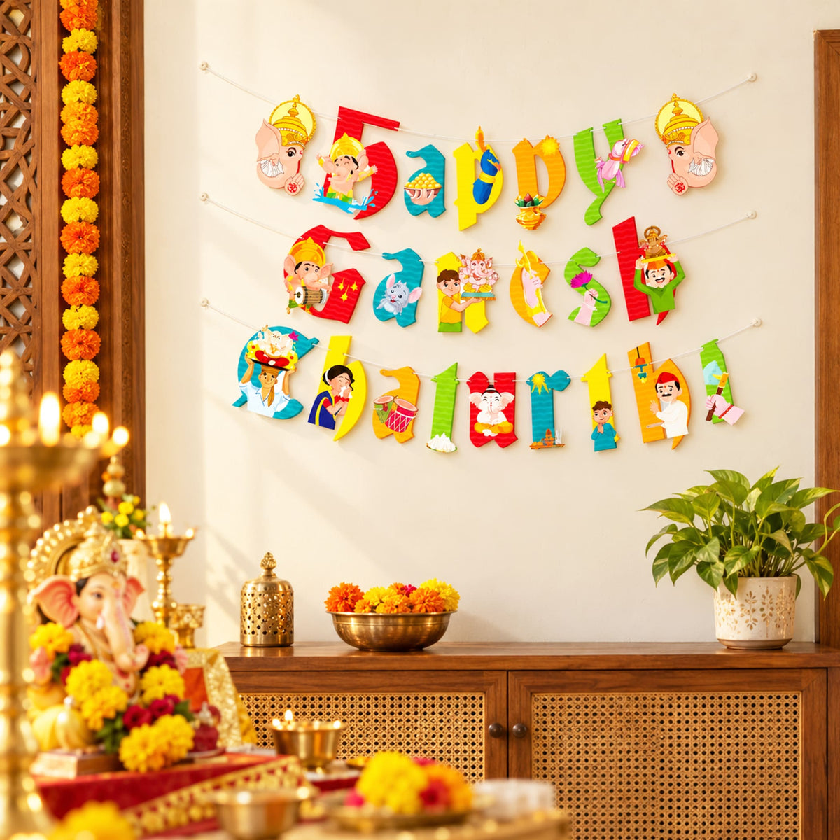 Colorful happy ganesh chaturthi banner with vibrant cartoon cutouts perfect for ganpati bappa morya party decor