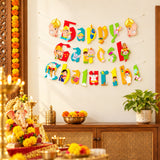 Colorful happy ganesh chaturthi banner with vibrant cartoon cutouts perfect for ganpati bappa morya party decor