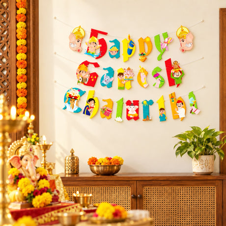 Colorful happy ganesh chaturthi banner with vibrant cartoon cutouts perfect for ganpati bappa morya party decor