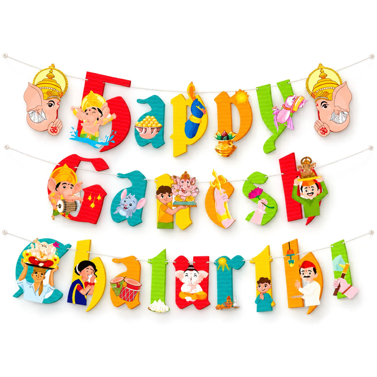 Colorful three-tiered happy ganesh chaturthi banner with vibrant cut-out letters and cartoon characters for festive decor