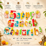 Colorful happy ganesh chaturthi festive banner with cartoon ganesha and cultural figures on premium cardstock for indoor outdoor decoration