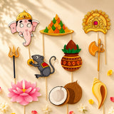 Pink cartoon ganesha head decoration with golden crown and red dot for ganesh chaturthi photobooth props set