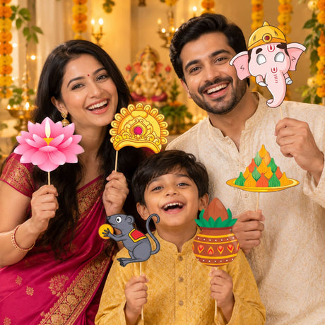 The woman wears a vibrant magenta sari with intricate gold embroidery in a 10 pcs Ganesh Chaturthi photo booth props kit