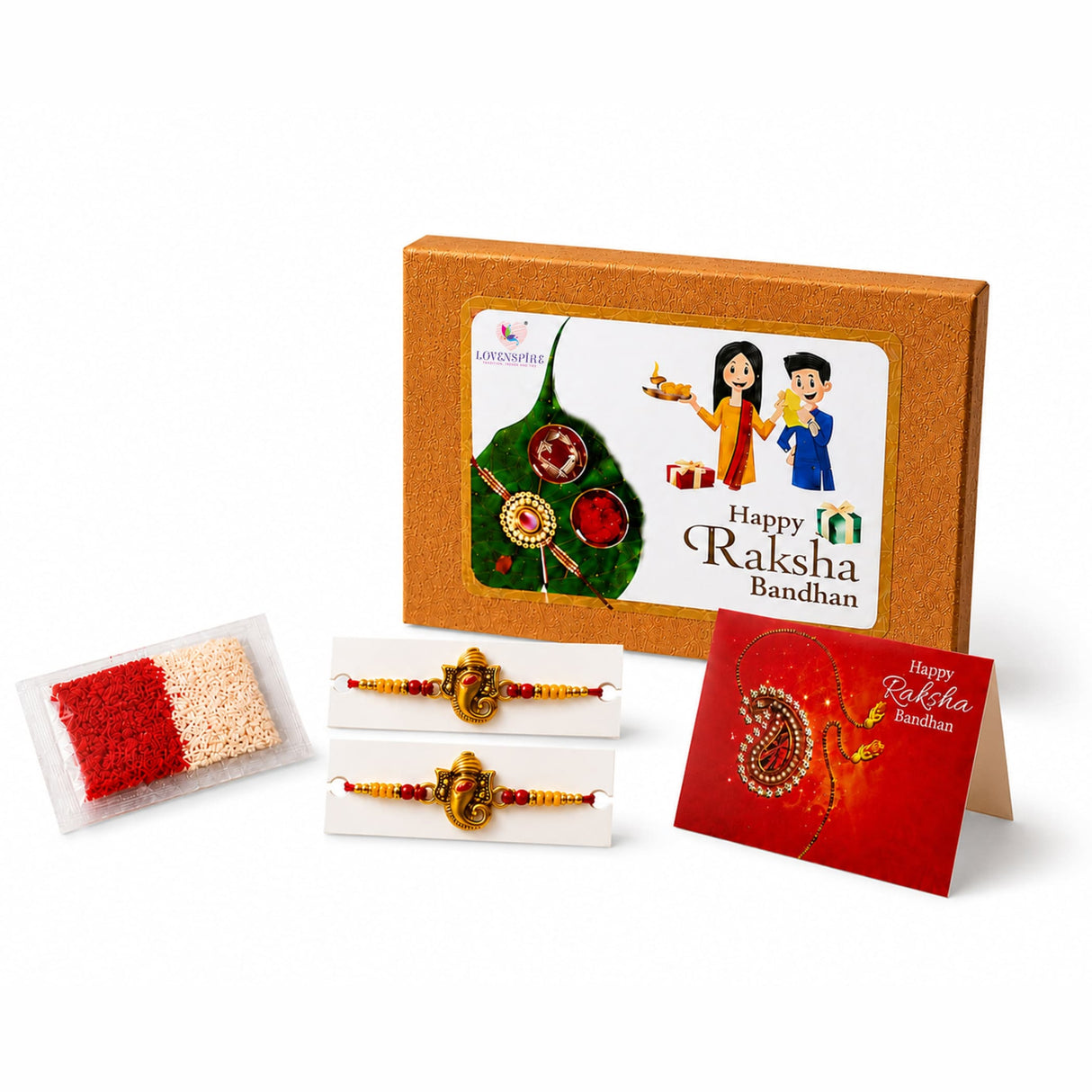 Golden ganesha-themed rakhi with red and yellow beads included in 2ct ganesh designer hamper for raksha bandhan