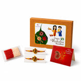 Golden ganesha-themed rakhi with red and yellow beads included in 2ct ganesh designer hamper for raksha bandhan
