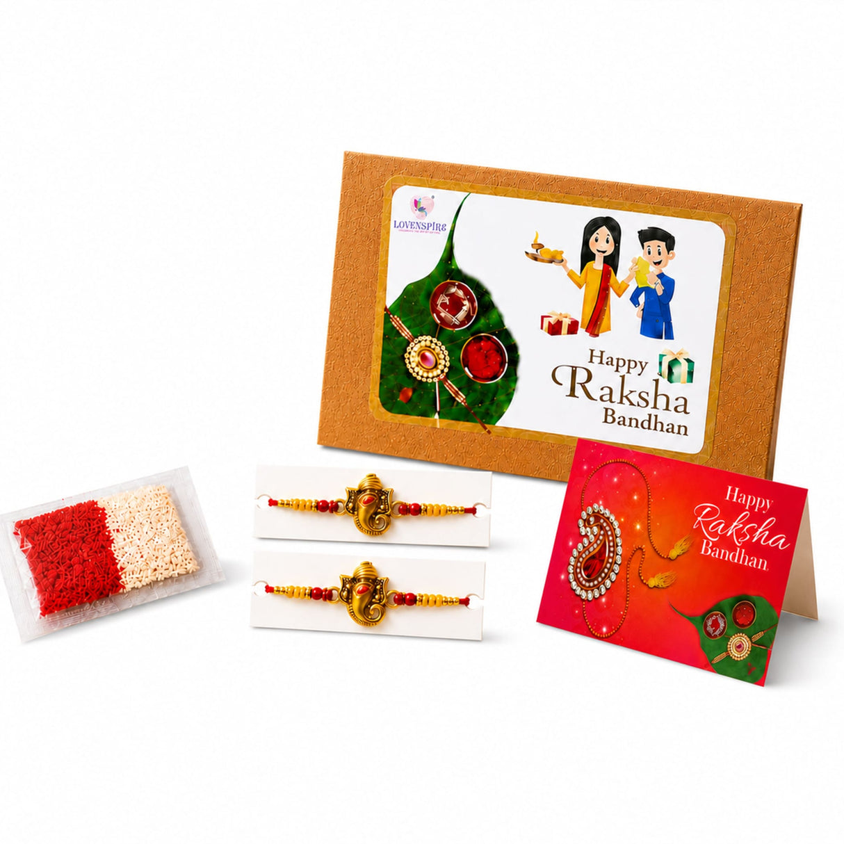 Designer gold-colored ganesha themed rakhi with red and yellow beads for brother and bhabhi traditional raksha bandhan bracelet