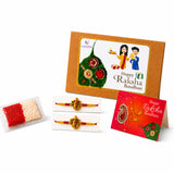 Designer gold-colored ganesha themed rakhi with red and yellow beads for brother and bhabhi traditional raksha bandhan bracelet