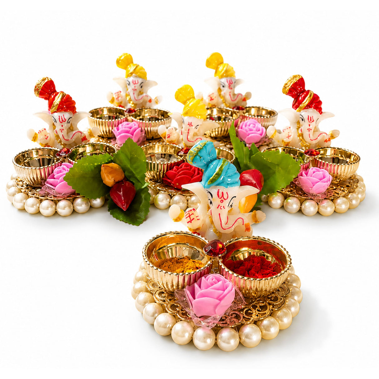 Bulk ganesha pearl haldi kumkum holder 4 pcs with gold metal bowls pearl edges and colorful resin figurines for pooja thali