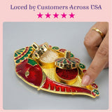 Bulk ganesh shankh haldi kumkum holder red and gold enamel tray with green accents featuring lidded rice and powder compartments for pooja