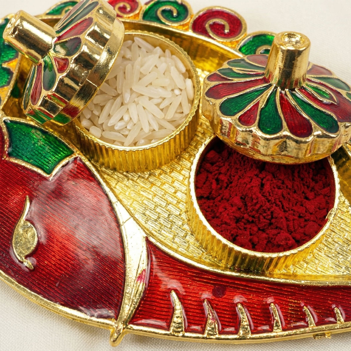 Bulk Ganesh shankh haldi kumkum holder gold and red enamel thali with rice and red powder for Indian festival pooja