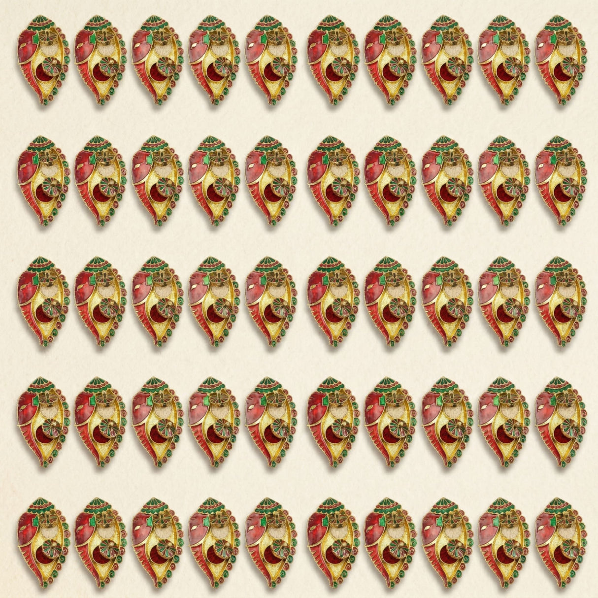 Gold and red ornate peacock-shaped bulk ganesh shankh haldi kumkum holder with green accents for pooja and gifting