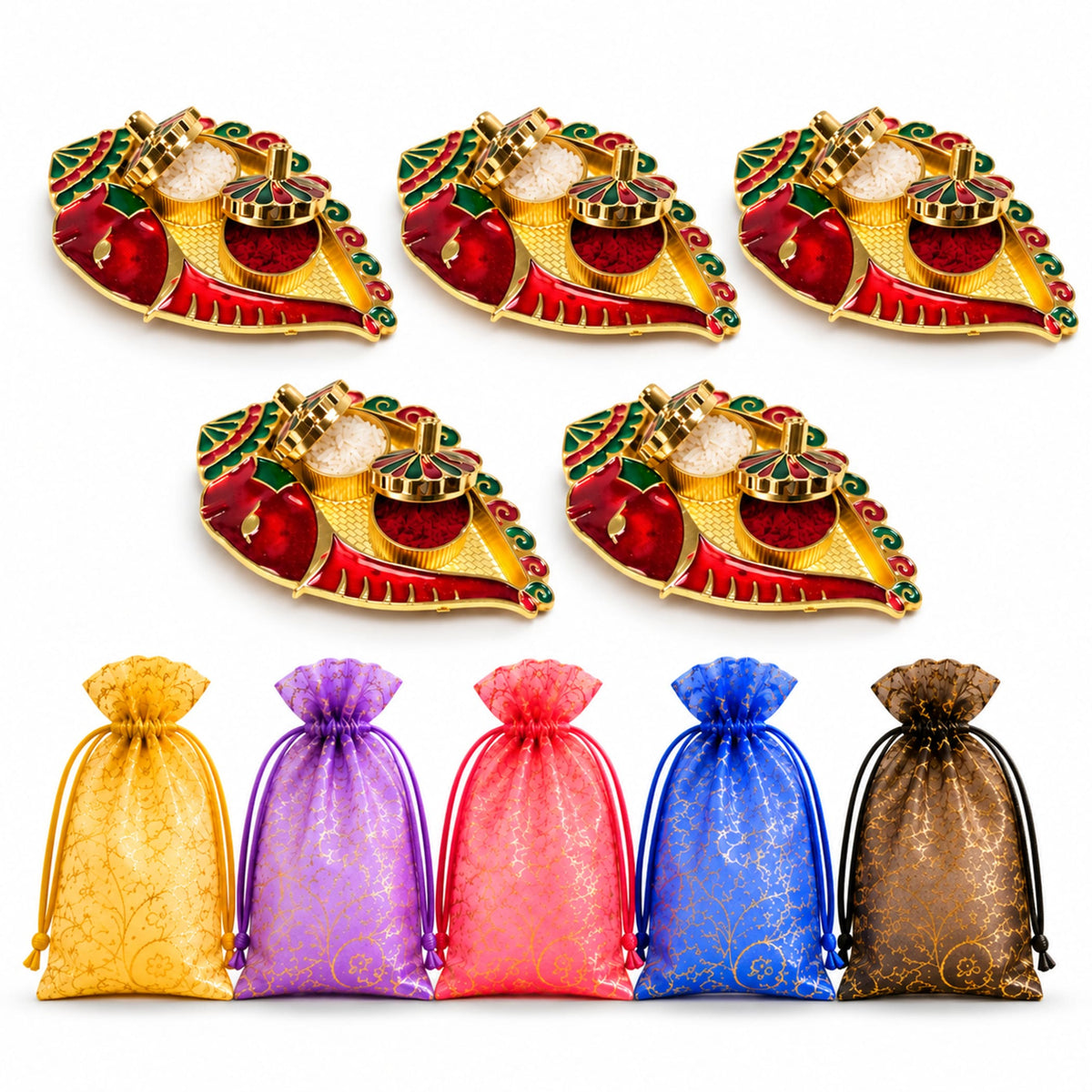 Red and gold ornate chili shaped diya holders with intricate green detailing for pooja thali return gifts and festivals