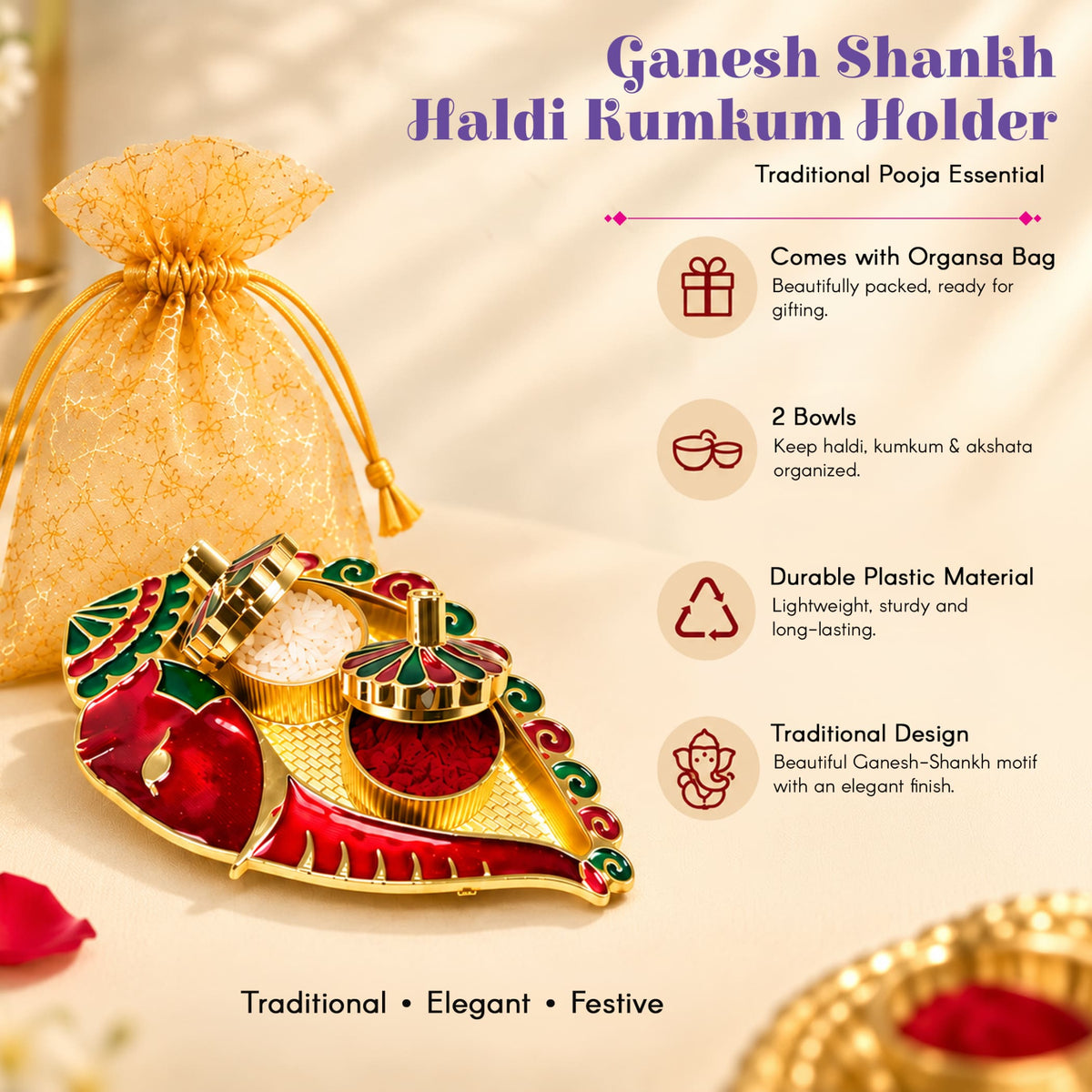 Decorative gold and red enamel ganesh shankh haldi kumkum holder with intricate traditional design for pooja thali