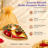 Decorative gold and red enamel ganesh shankh haldi kumkum holder with intricate traditional design for pooja thali