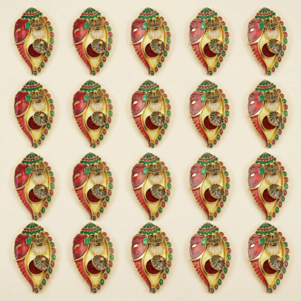 Bulk ganesh shankh haldi kumkum holder red and gold ornate elephant wall hanging with green accents for indian pooja gifts