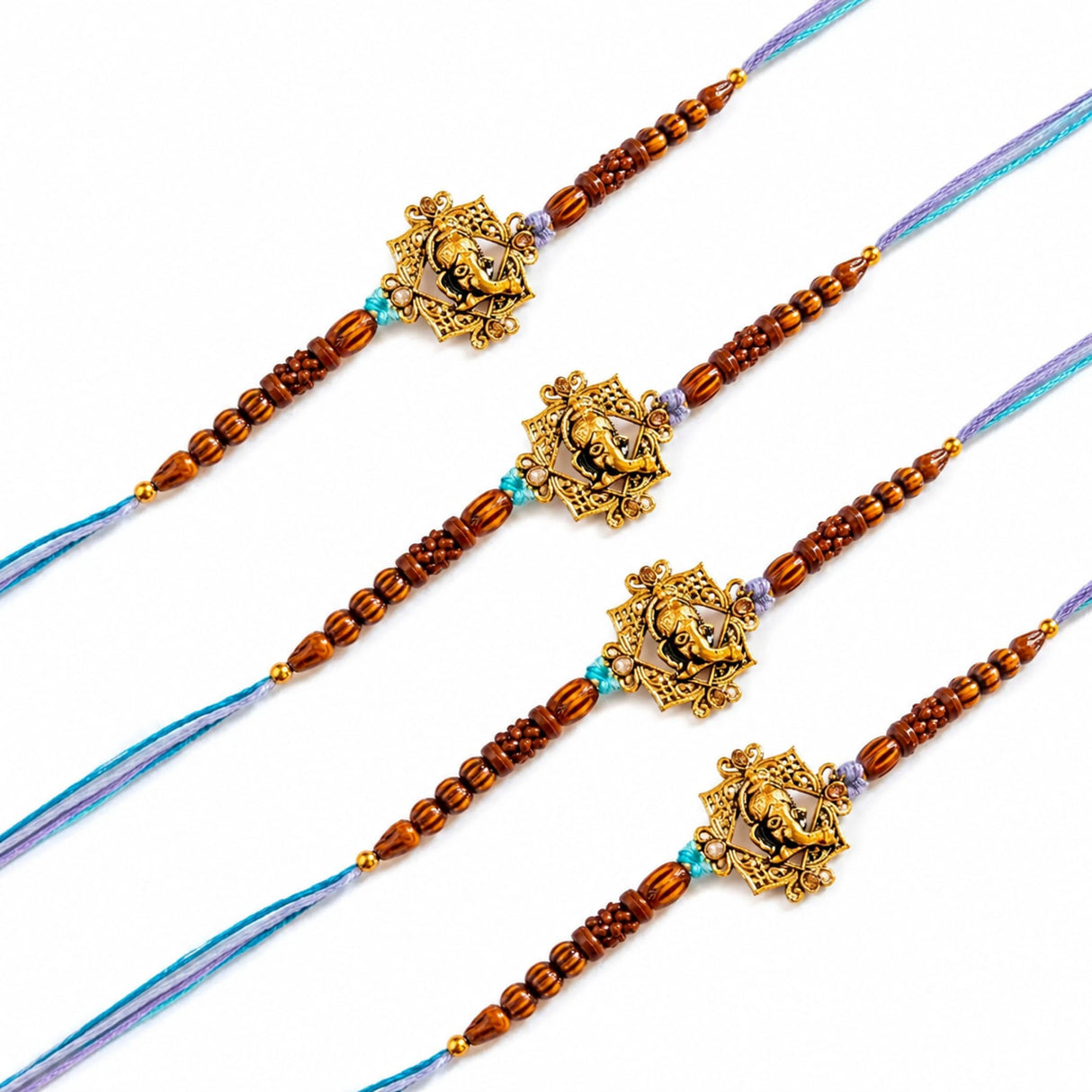 Four golden elephant-themed designer Ganesha rakhis with brown wooden beads and turquoise accents for Raksha Bandhan