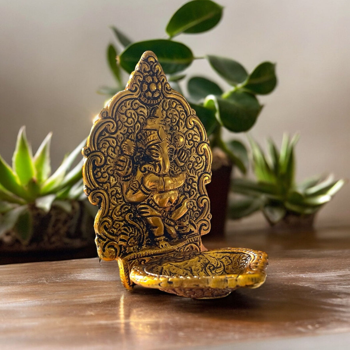 Ganesha brass finish diya indian craft for puja oil lamp