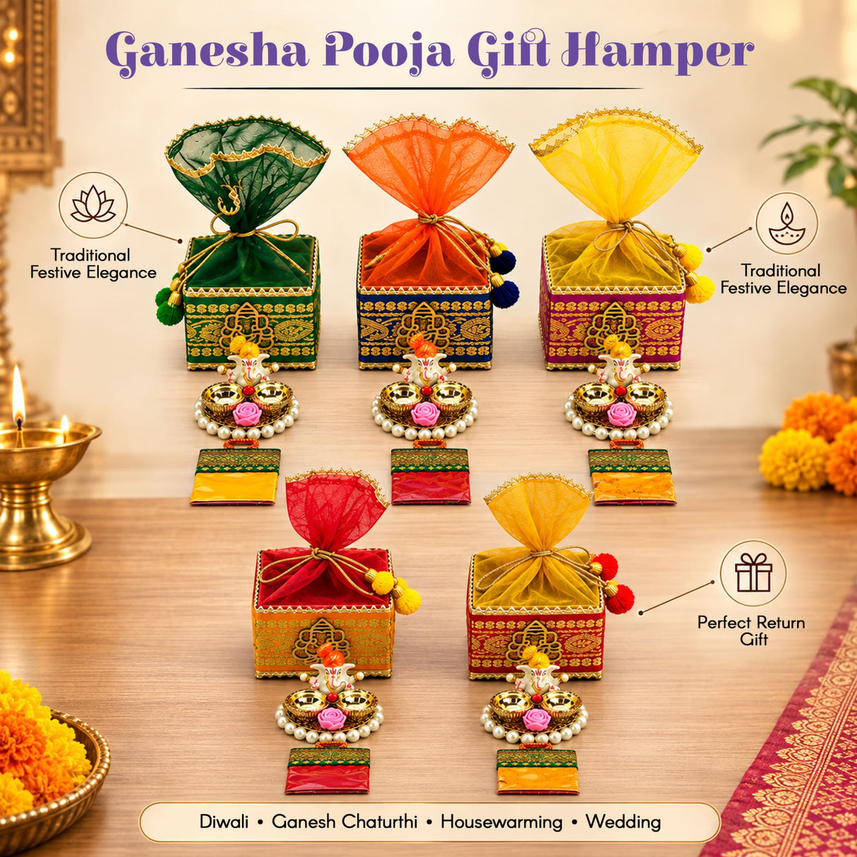 Ganesha pooja gift hampers in vibrant embroidered fabric boxes with organza drawstrings and decorative pom-poms for festive puja