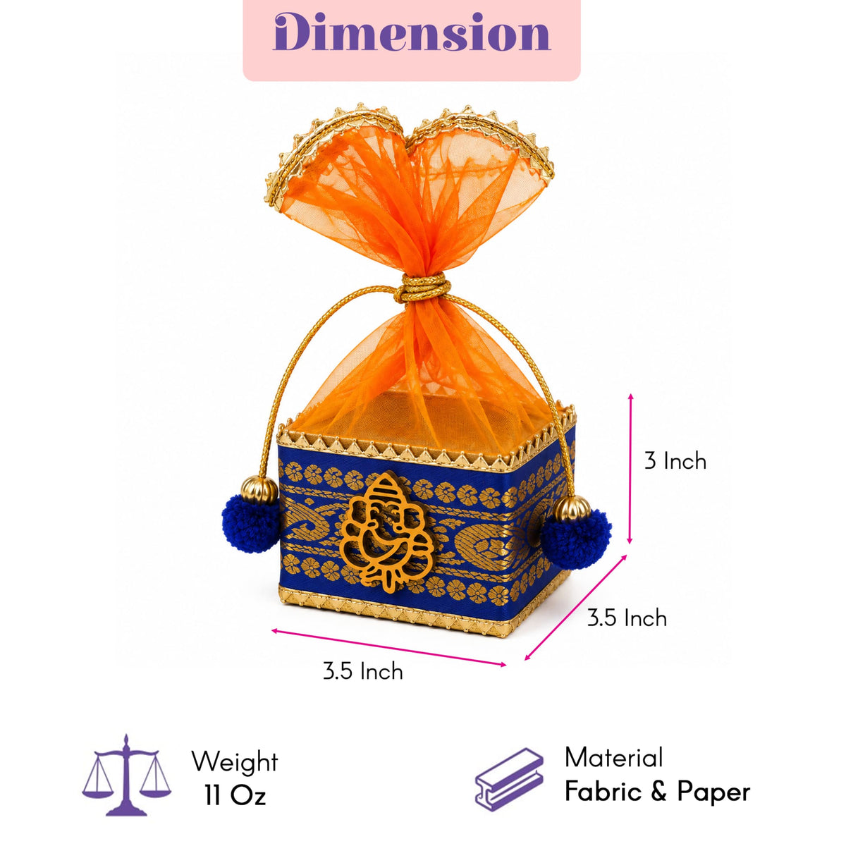 A vibrant blue and gold potli basket gift box with orange organza bow and golden patterns for Ganesh Chaturthi puja