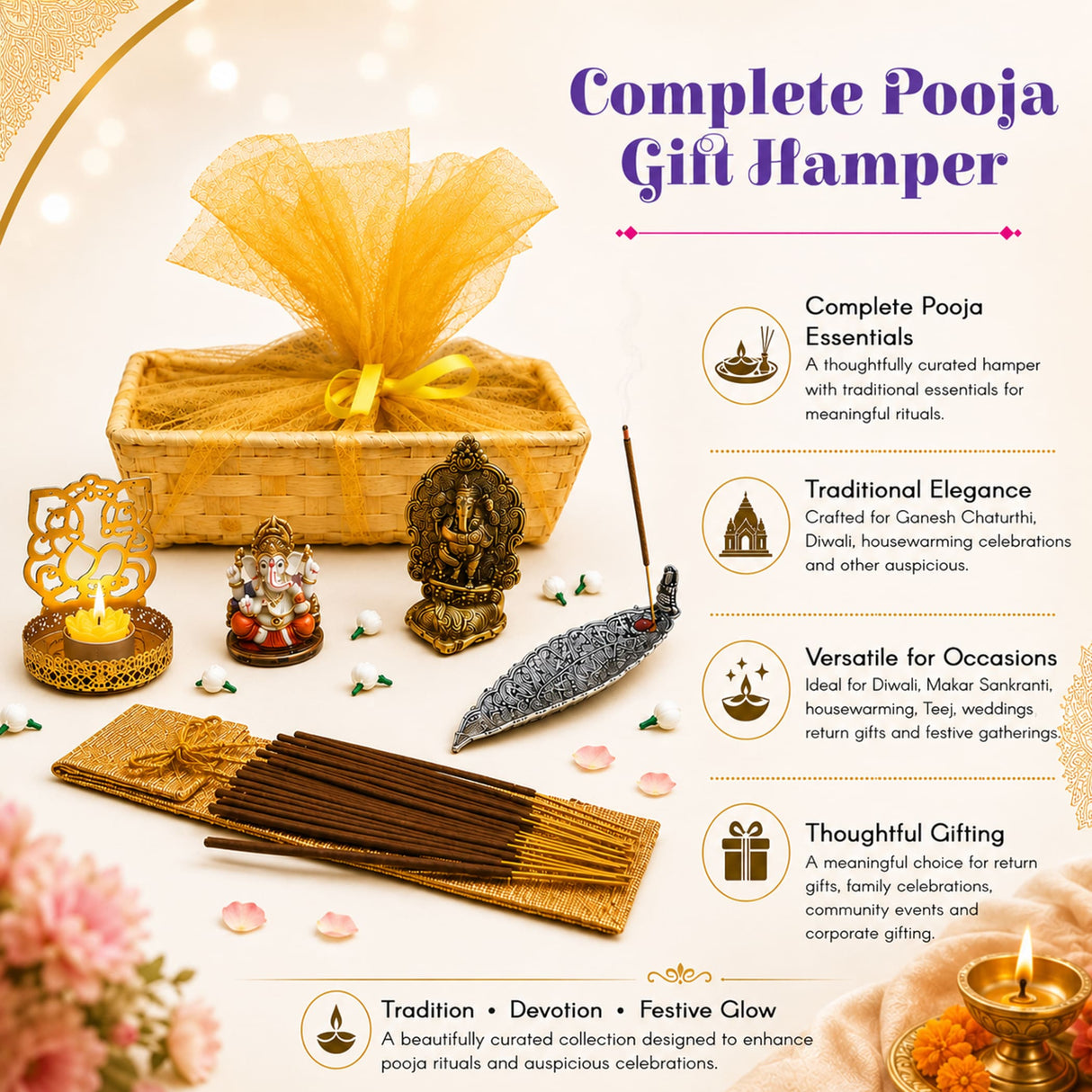 Gold-colored metal incense stick holder with intricate engravings and bird finial included in Ganesha gift hamper
