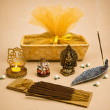 Golden ornate ganesha figurine with intricate carvings in seated posture for ganesh chaturthi diwali puja gift hamper