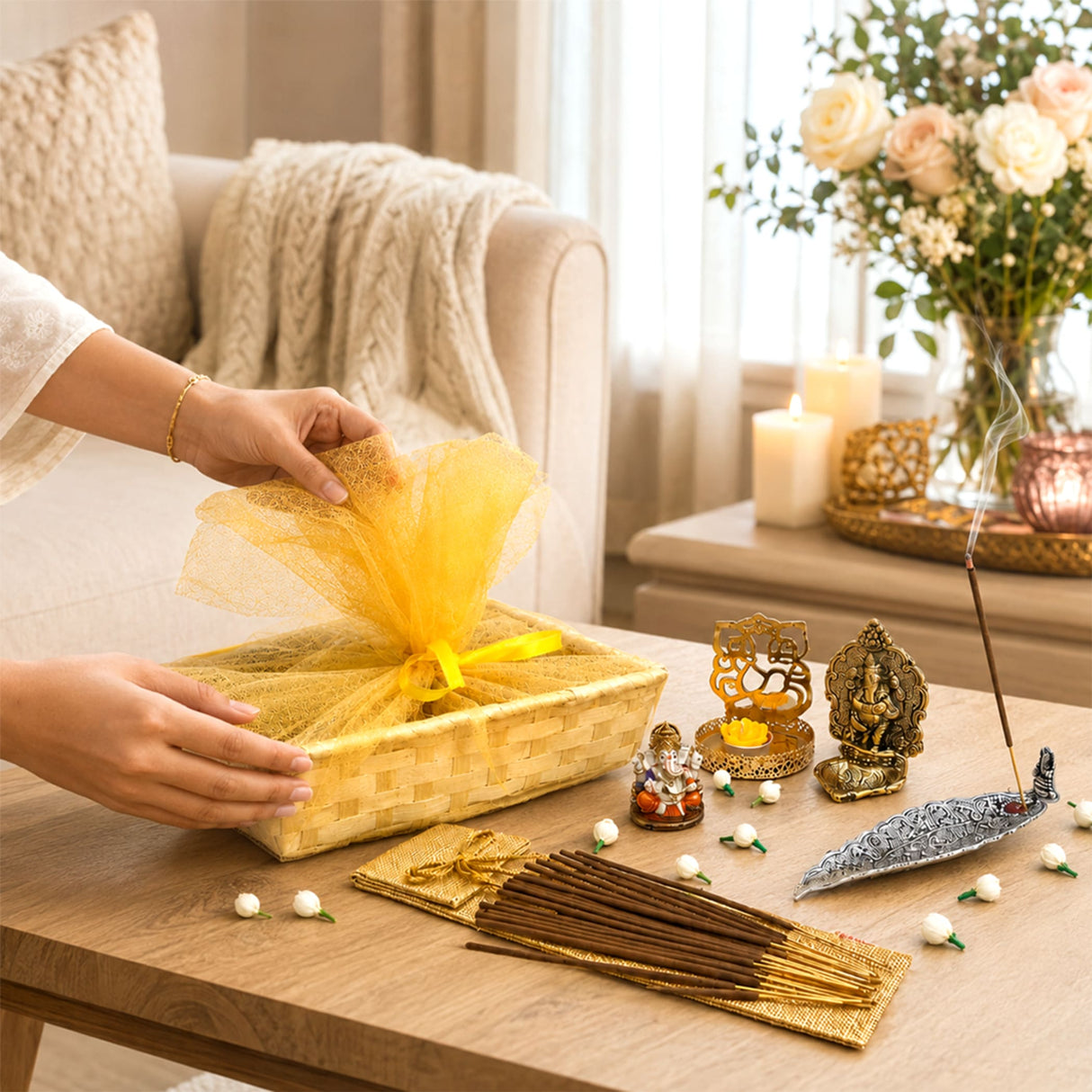 Golden woven basket with yellow organza ribbon for ganesha gift hamper and puja return gifts including diya holder
