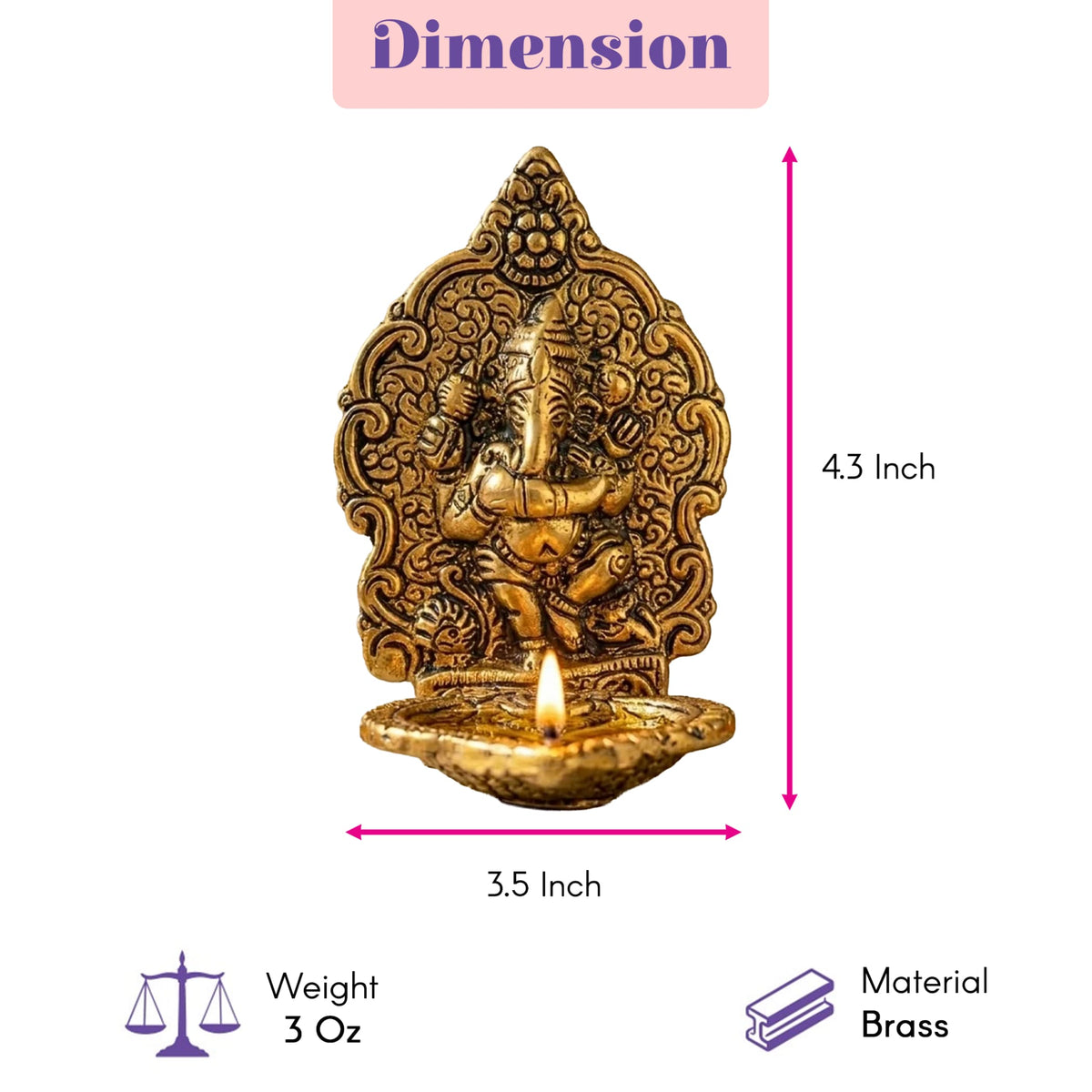 Golden brass ganesha oil lamp with intricate carvings and lit candle base in ganesha gift hamper for puja and festivals
