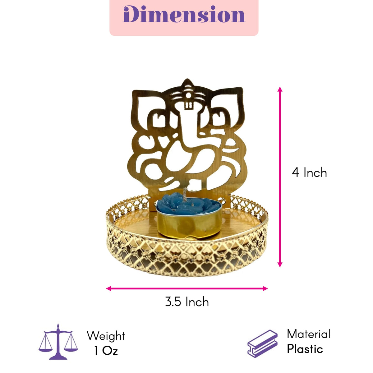 Gold-colored plastic ganesha diya candle holder with intricate cut-out details and decorative lattice base for puja gifts
