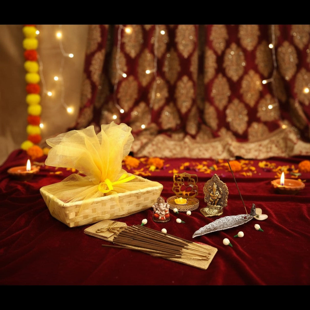 Bamboo Ganesha gift hamper with yellow ribbon, tissue paper, toran, incense holder, and diya