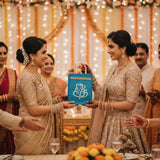 Blue Ganesha jute gift bag with white logo for Hindu festivals