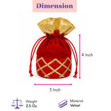 Red velvet drawstring pouch with gold metallic lattice pattern and matching gold fabric top for ganesha gift hamper
