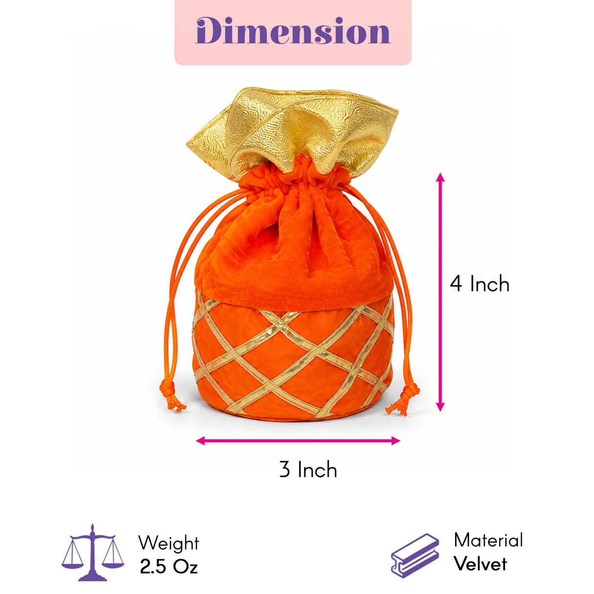 Orangish-orange velvet drawstring pouch with gold metallic lattice detailing for Ganesha gift hamper Puja return gifts