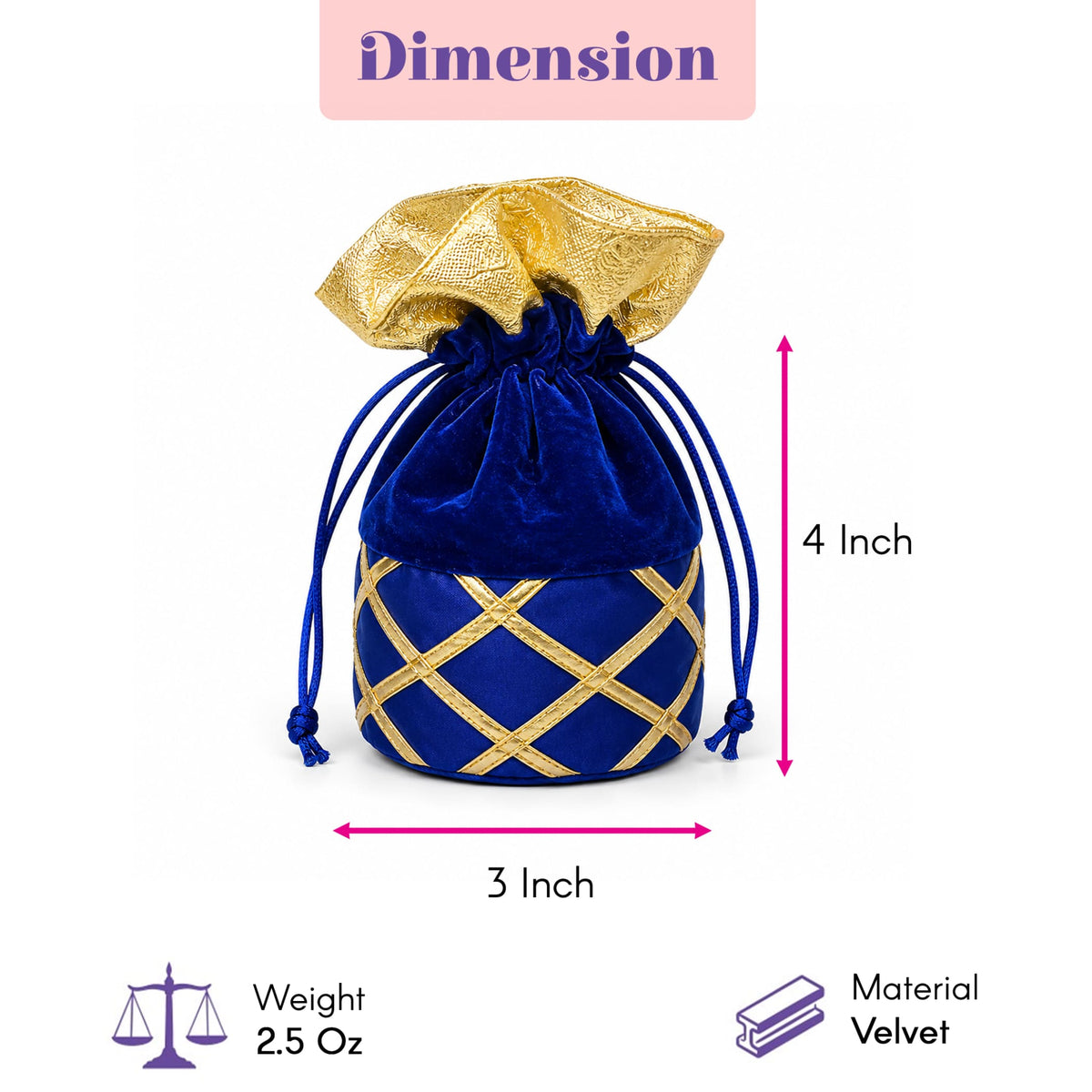 A royal blue velvet drawstring potli bag with gold embroidered lattice pattern for Ganesha gift hamper uses