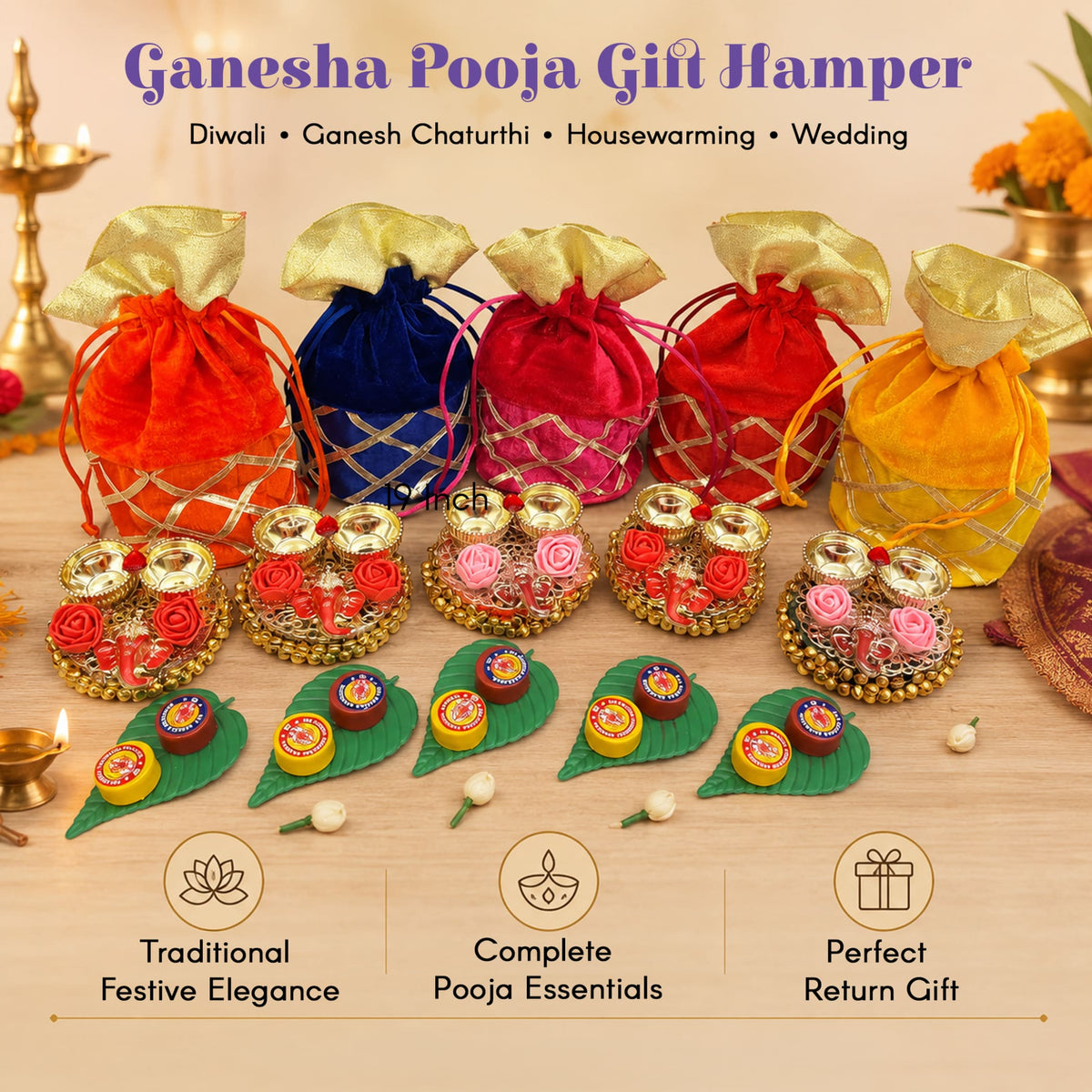 A set of colorful velvet drawstring gift bags with gold satin tops and decorative lattice patterns for Ganesha gifts