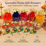 A set of colorful velvet drawstring gift bags with gold satin tops and decorative lattice patterns for Ganesha gifts