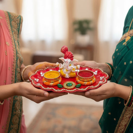 Red and gold decorative Ganesha Haldi Kumkum Holder Thali with elephant statue and candles