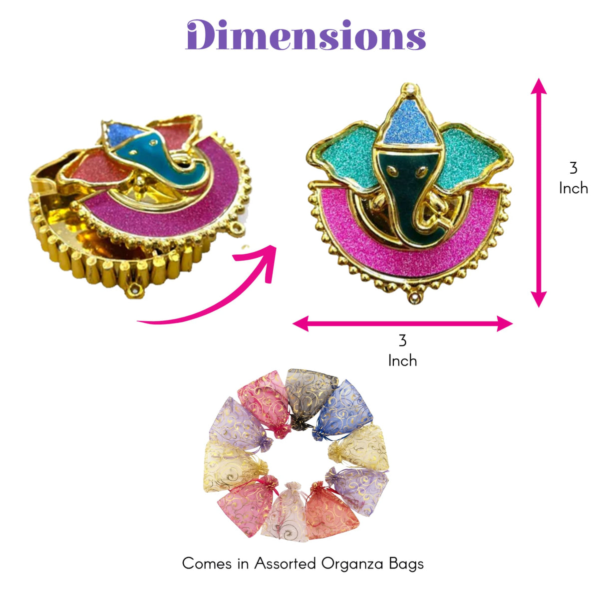 A vibrant 3-inch ganesha-themed decorative box with gold metallic frame and pink teal blue green glittery enamel accents for Indian festival use