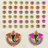 Colorful gold-trimmed ganesha-themed enamel decorative pins in pink purple orange and blue for diwali pooja gifts