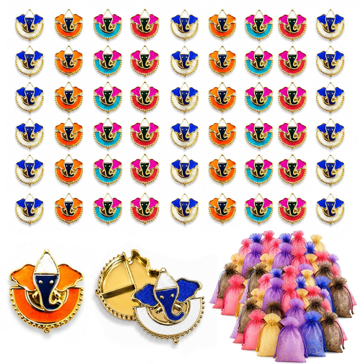Colorful enamel elephant-shaped decorative Ganesha haldi kumkum holder pins with gold-tone frames and tassels for pooja thali