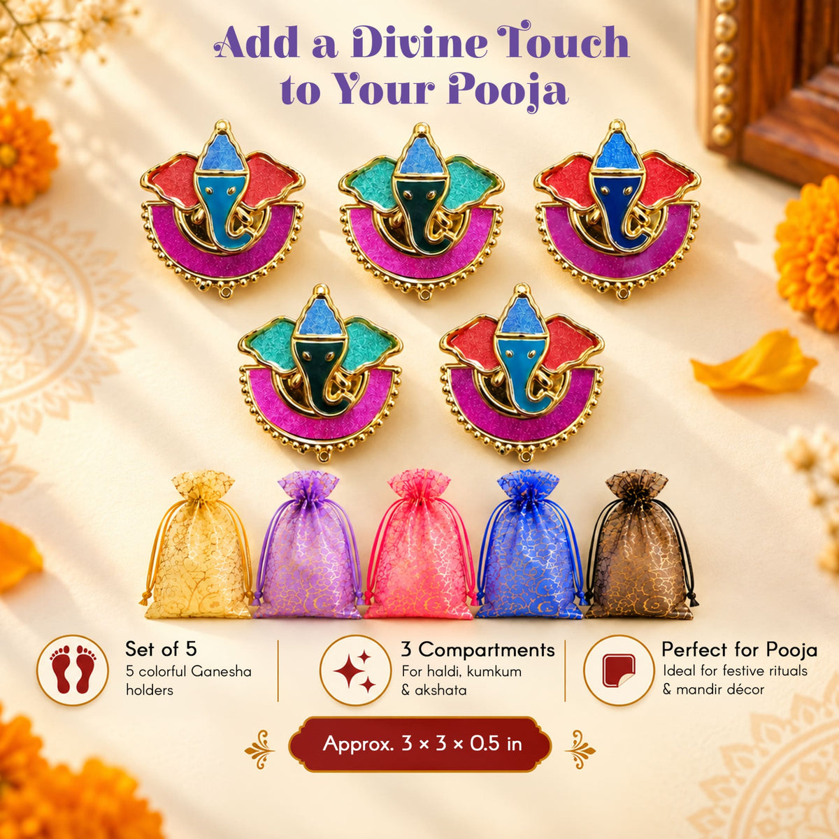 Decorative ganesha haldi kumkum holder set with colorful enamel faces and gold-tone metal frames on curved bases