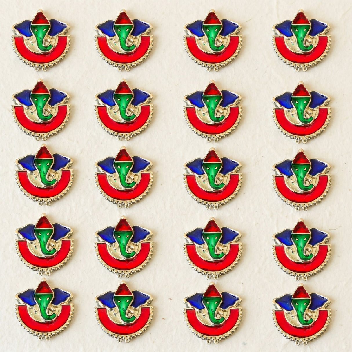 Bulk decorative ganesha haldi kumkum holder enamel pins in red green and blue with gold-tone metal edges for indian festivals